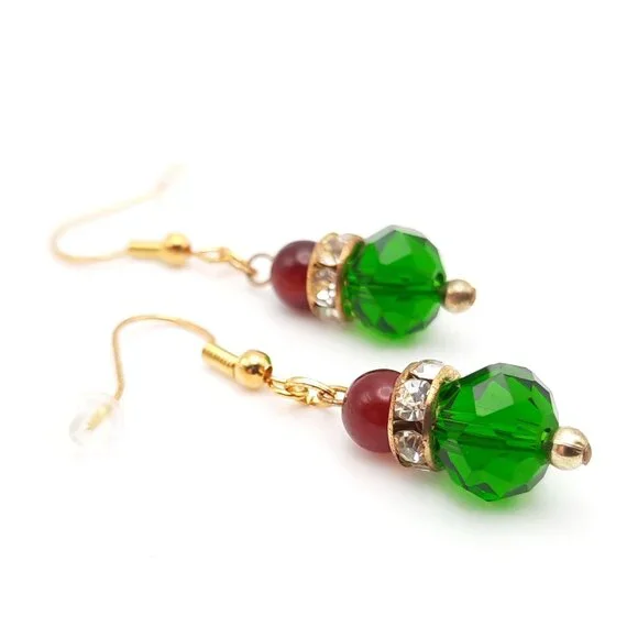 Christmas Holiday Red Green White on Gold Drop Earrings Handmade Jewelry - Picture 5 of 7